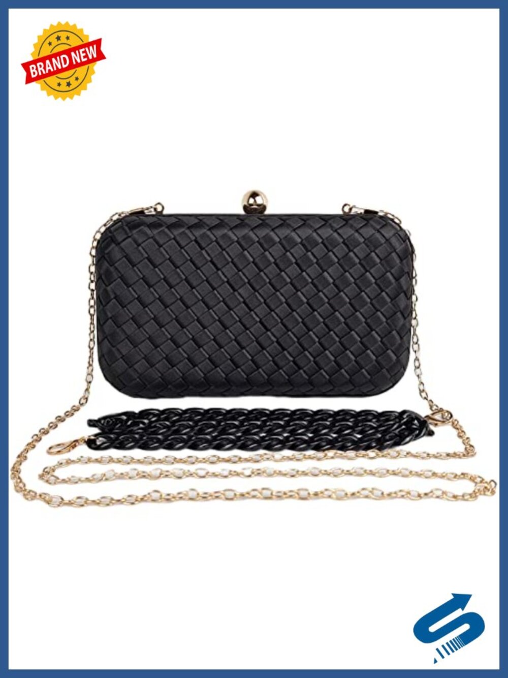 Woven Artificial Silk Satin Clutch Evening Bag with Crossbody Chain
